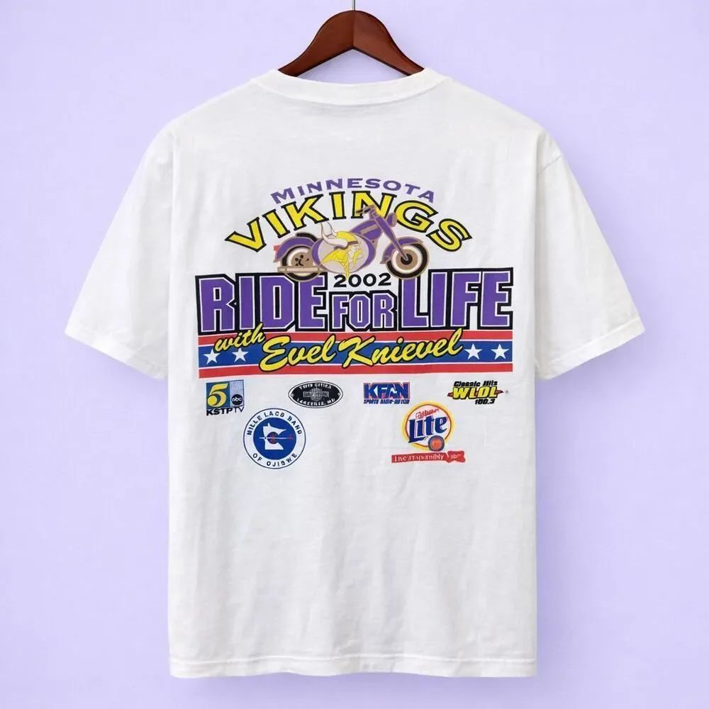 VTG Minnesota Vikings Evel Knievel 2002 Ride For Life Reebok Graphic T-Shirt M